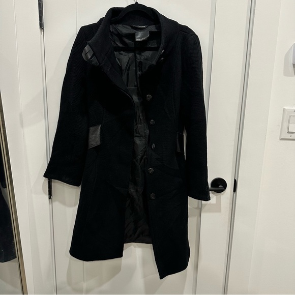 MACKAGE VINTAGE COAT WOOL LEATHER TRIM BELTED JACKET BLACK SIZE PS - Picture 6 of 14